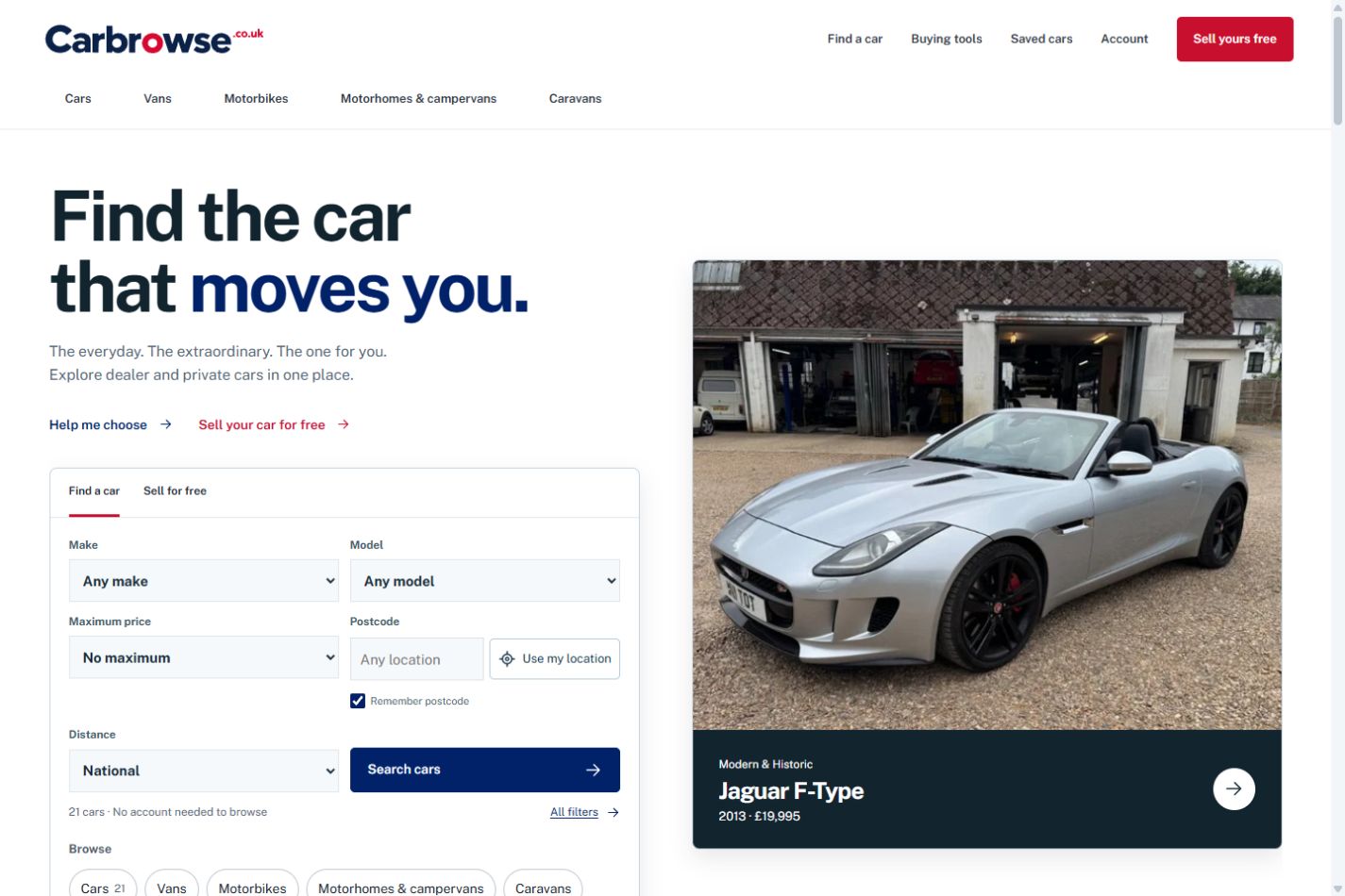 CarBrowse marketplace homepage with vehicle search and a featured Jaguar F-Type