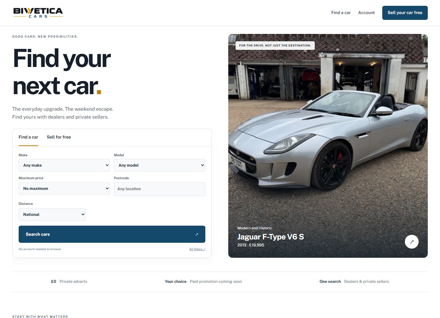 Bivetica Cars marketplace with vehicle search and a Jaguar F-Type from Modern and Historic