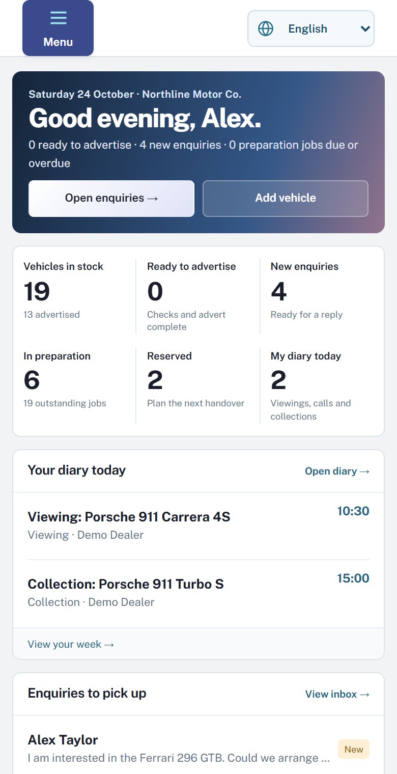 The same Motors home screen on a phone: today's stock, enquiries and diary