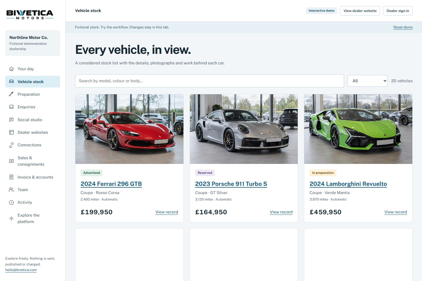Demo vehicle stock with fictional supercars at Northline Motor Co.